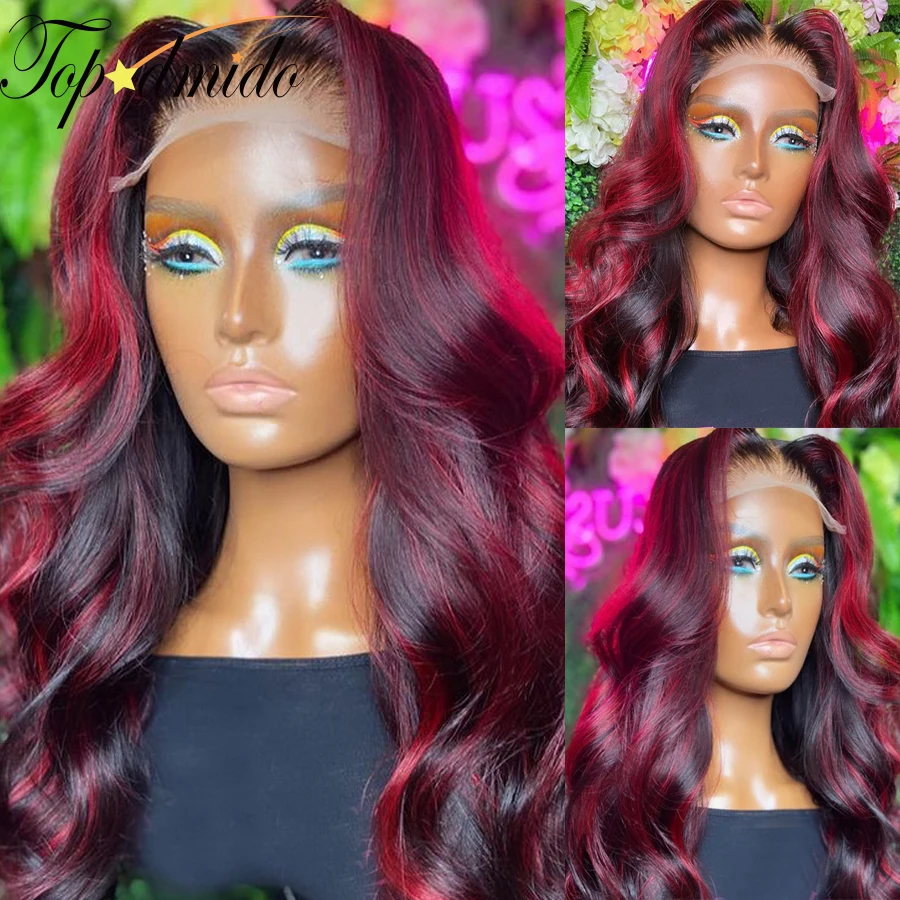 

Topodmido Dark Red Color 13x4 Lace Front Wig with Baby Hair Body Wave Malaysian Remy Human Hair Lace Closure Wig Highlight Color