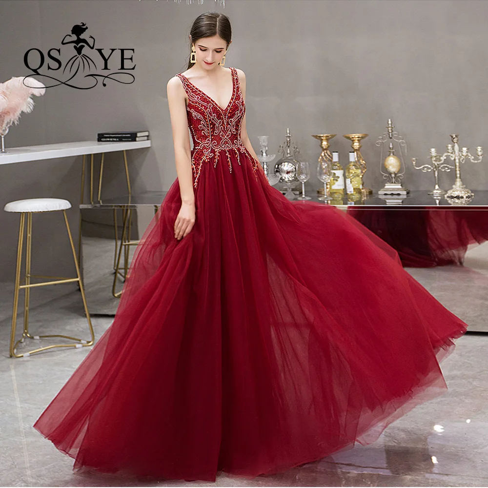 

QSYYE 2019 pretty Long Prom Dresses v-neck A-line court train spaghetti strap floor-Length court train Evening Dress Party Gown