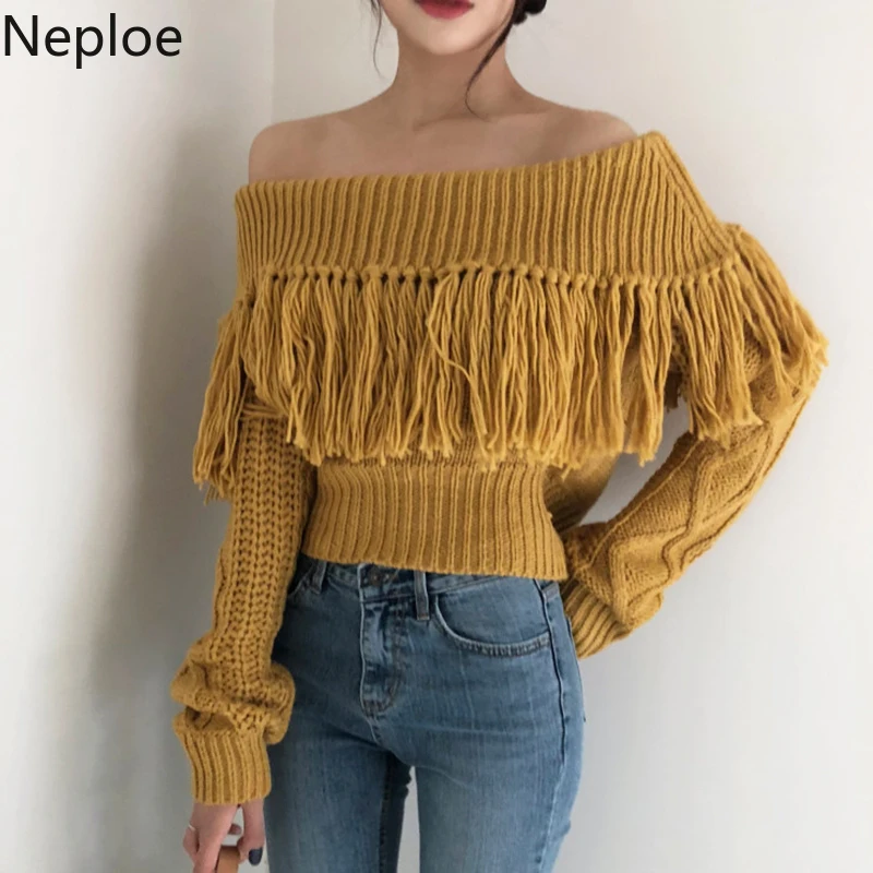 Neploe Ins, Ретро стиль, сексуальный, без бретелек, на плечах, с вырезом лодочкой, вязаный свитер, дизайн с кисточками, крученый пуловер, однотонный, Outewar, Pull Femme Hiver