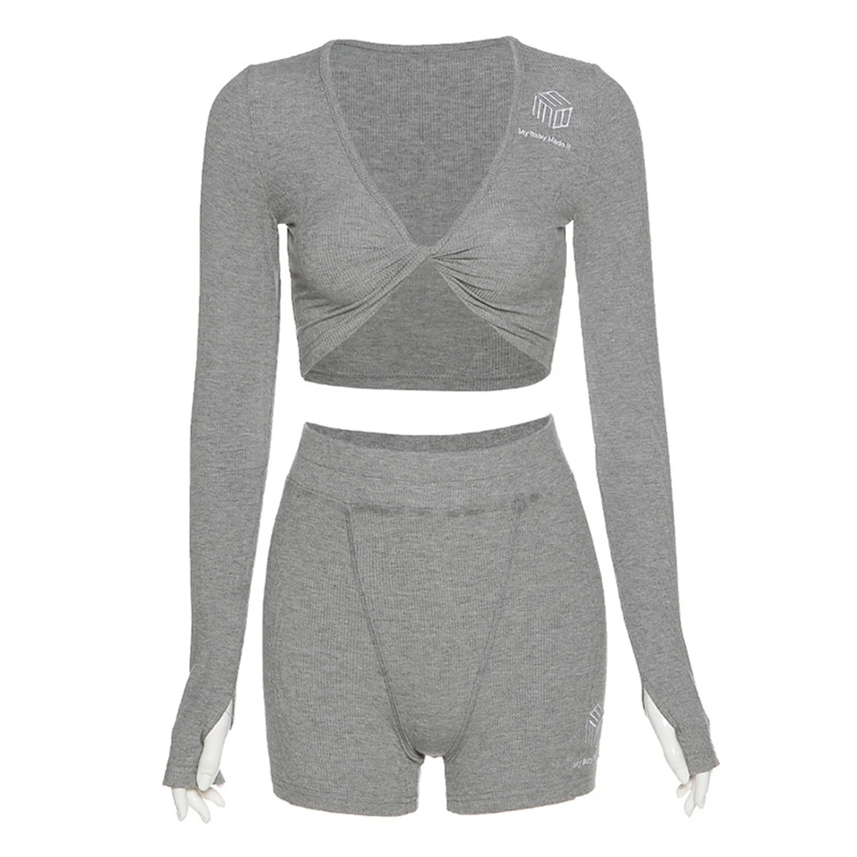 

Women's 2 Piece Outfits, Casual Twisted Front Long Sleeve Crop Top + Bodycon Shorts Jumpsuits Set