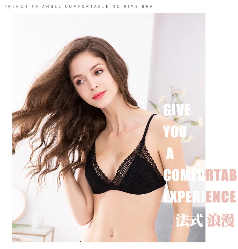 French Style Sexy Padded Lace Bralette Top For Woman Wire Free Seamless Adjusted Brassiere Lingerie Deep V Lace Bras