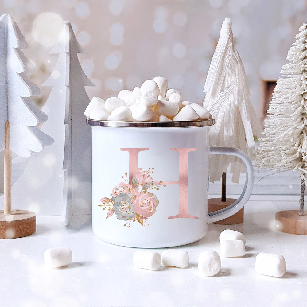 Coffee cup glass coffee mug ceramic mug ceramic coffee cup custom mug Pink Letter Flowers Enamel Coffee Mugs Bridal Party Creative Drinks Coffee Juice Milk Cups With Handle Water Mug Wedding Gifts