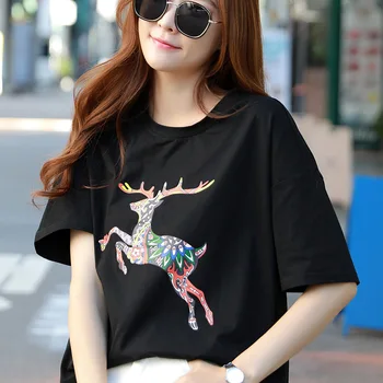 

New Summer Black T Shirt Women Color Deer Print Cotton Harajuku Bts Kpop Casual 2020 Short Sleeve T-shirt Free Shipping