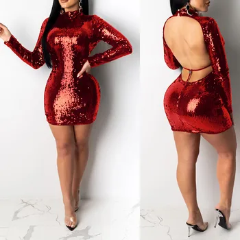 

Sexy Backless Black Sequin Dress Women O-Neck Long Sleeve Bodycon Dress Mini Party Short Dress Package Hip Sheath Vestidos #45