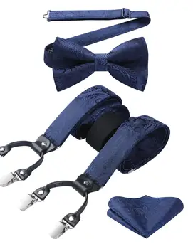 

Hisdern Men Suspenders Floral Paisley Various Braces Classic 6 Clips Self Bowtie and Pocket Square Set