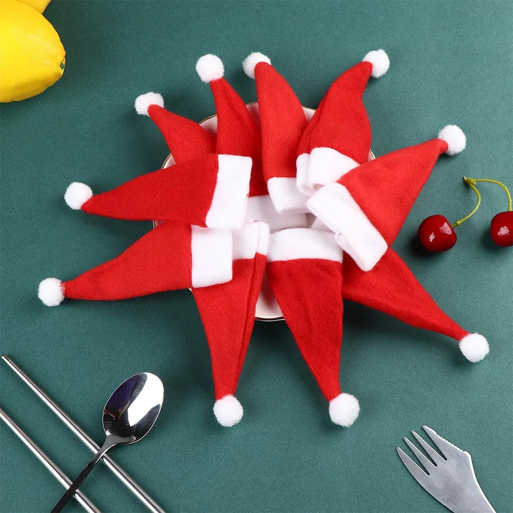 10PCS/Set Tableware Holder Set Christmas Hat Silverware Holder Xmas Mini Red Santa Claus Cutlery Bag Party Decor practical