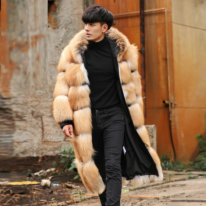 Mid Length Red Fox Fur Coat for Men