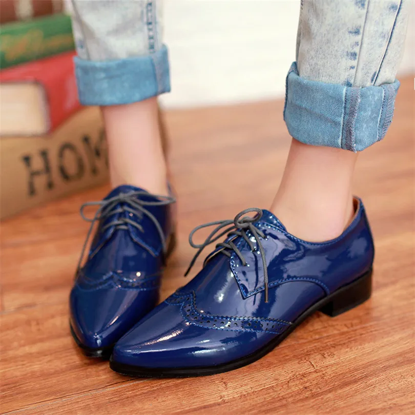 Blue Spring Autumn Women Flats British Patent Leather Derbies Pointed Toe Casual Dress Party Lace Up Oxfords Red Black Lady Brogues - Color: Blue