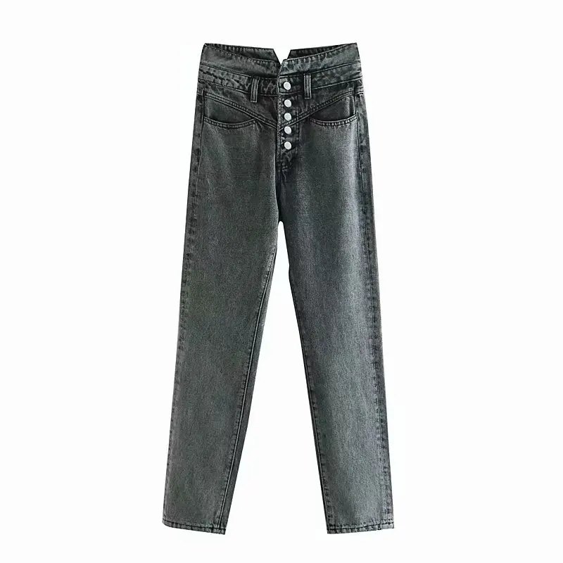 Джинсы с высокой талией, Женские винтажные Стильные прямые потертые джинсы с карманами, женские модные джинсовые штаны на пуговицах - Цвет: as picture