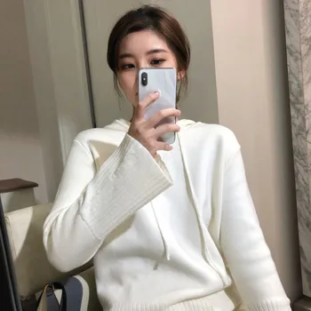 

Autumn new easing draw string hooded pleated horn sleeve sweater knitting wide-legged pants suit + two-piece white woman