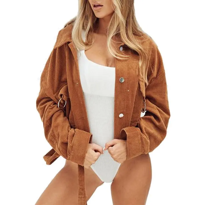 

Autumn Spring Women Corduroy Thin Slim Coat Short Jackets Ring Pockets Retro Cool Belted Solid Long Sleeve Loose Tops Outwear