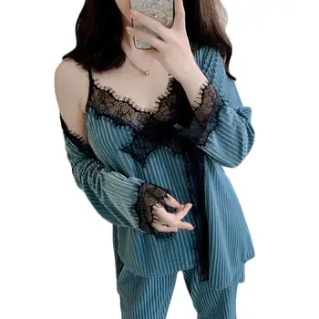 

3Pcs Pyjamas Women Lace Patchwork Padded Vest Long Pants Pajama Sets Belt Cardigan Sleepwear Set Blue Pink Wine Red pijama mujer