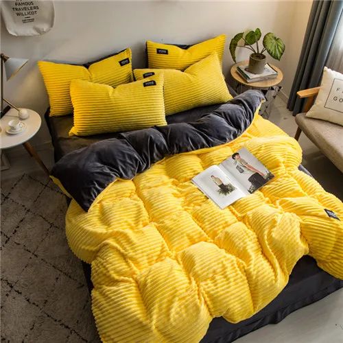bright yellow Новое волшебное бархатное постельное белье из флиса, комплект 4 шт./компл. пододеяльник в полоску, простыня, наволочка AB, фланелевая зимняя теплая кровать, белье - Цвет: bright yellow