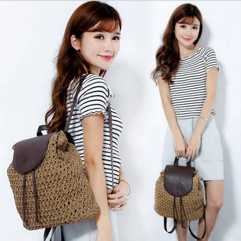 

Summer Women Backpack Student Straw Bag Travel Crochet Bag Women Backpacks Skin