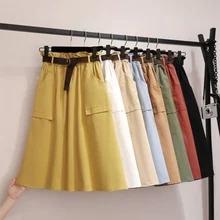 Летние Осенние женские юбки средней длины, Корейская элегантная юбка с высокой талией, Женская плиссированная школьная юбка с поясом W3