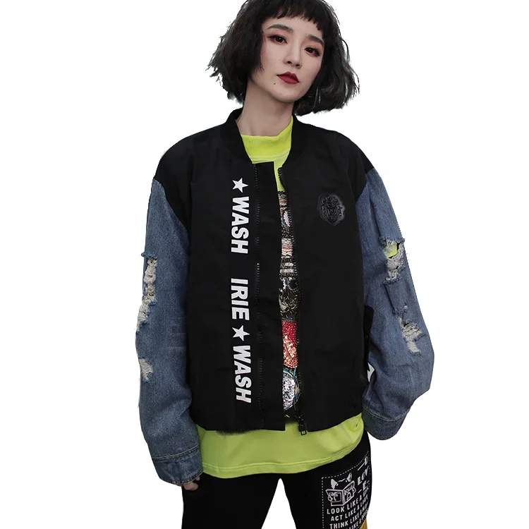 

NoEnName_Null Hole Denim Jacket Women Zipper Decoration Bomber Jacket Japanese Streetwear Harajuku Women Coats and Jackets 50cs