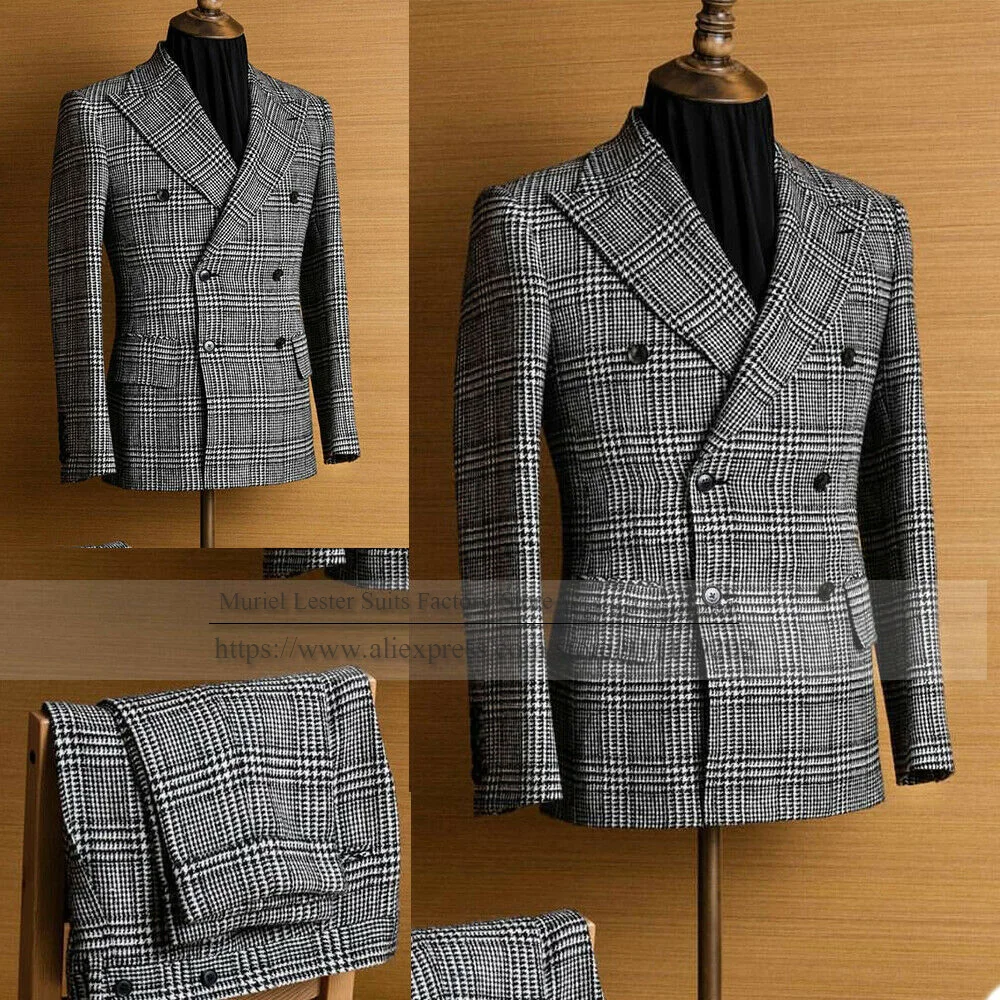 Traje de negocios de Houndstooth para hombre, chaqueta de lana gruesa con pantalones, ajustada, con solapa, doble botonadura, 2021, Vintage, a cuadros, negro
