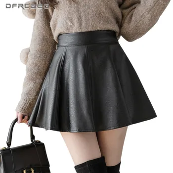 

Black High Waist Leather Pleated Skirt Women 2020 Autumn Winter Sexy Mini PU Skater Skirts Female Saias Mujer Faldas