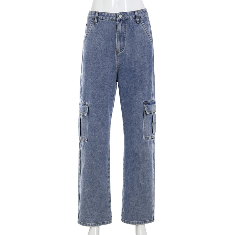 Weekeep Pockets Patchwork High Waist Jeans Women Streetwear Straight Jean Femme Blue 100% Cotton Cargo Pants Weekeep Pockets Patchwork High Waist Jeans Women Streetwear Straight Jean Femme Blue 100% Cotton Cargo Pants