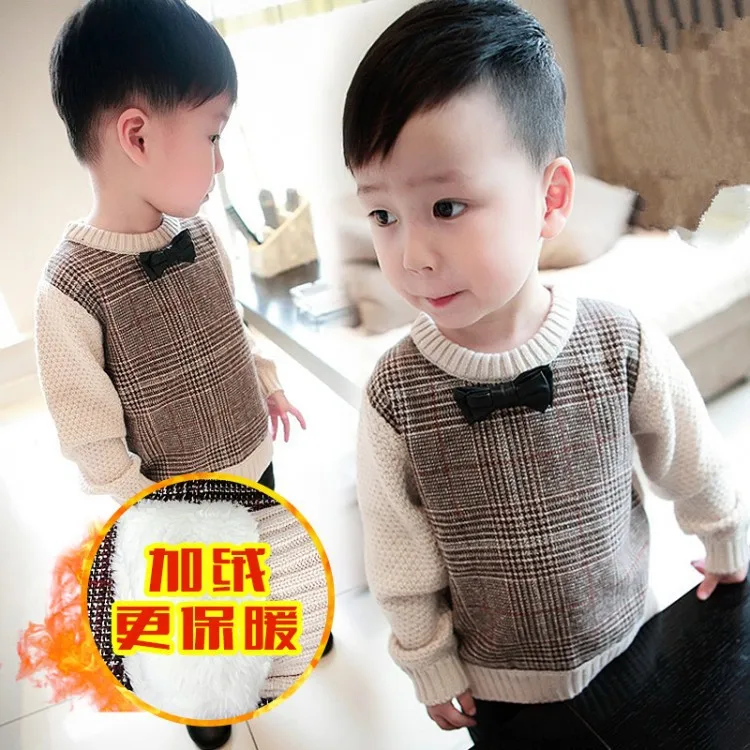 Детский свитер; коллекция года; сезон осень-зима; свитер в Корейском стиле с бантом и начесом для мальчиков; новая стильная одежда в клетку