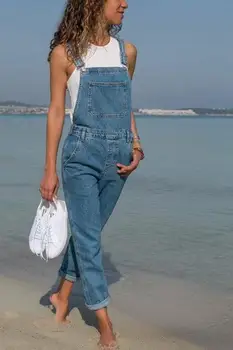 

New Womens Denim Jumpsuit Jeans Full Length Loose Overall Dungaree Trouser