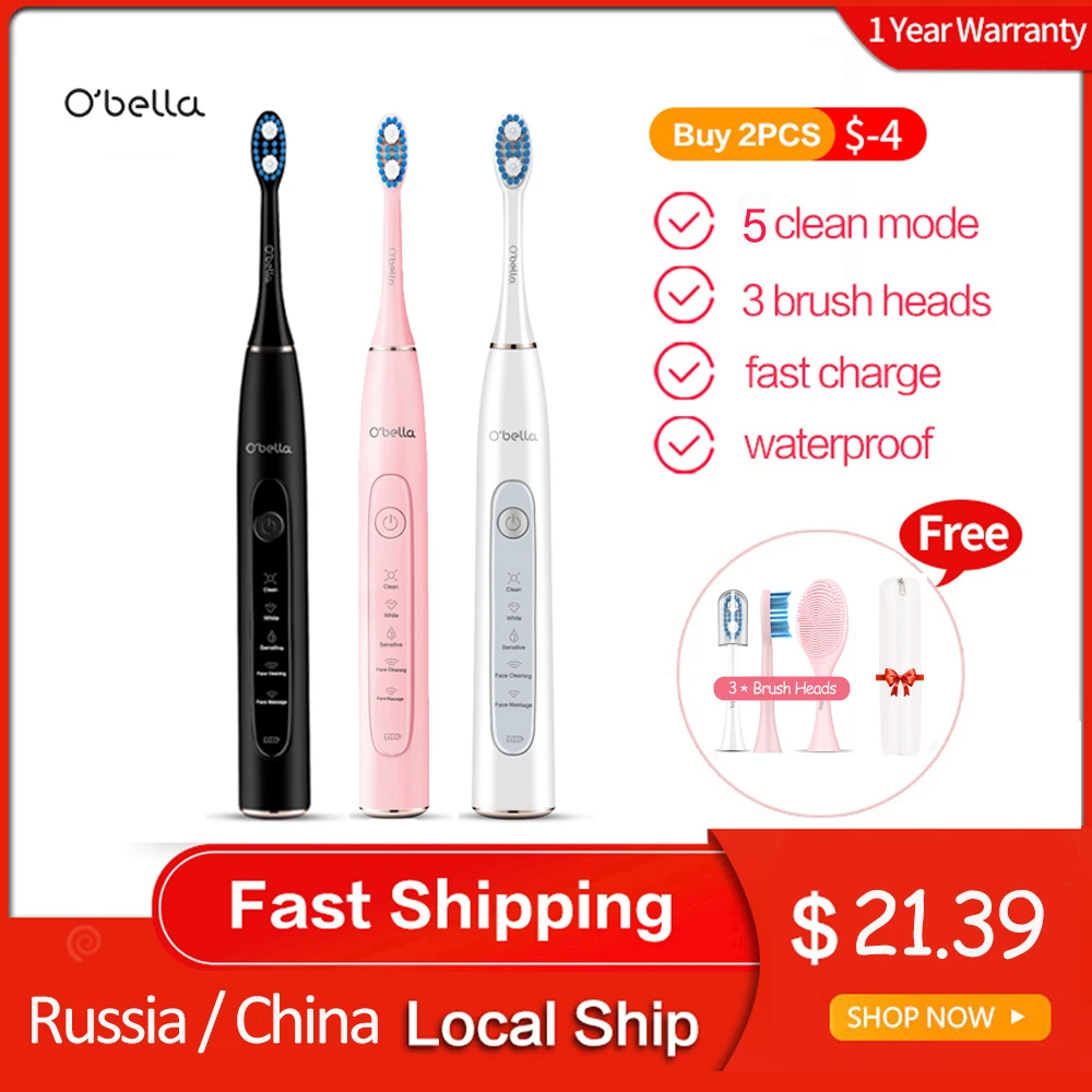 

Obella Electric Toothbrush Rechargeable buy one get one free Sonic Toothbrush 5 Mode Travel Toothbrush with 2 Brush Head Gift