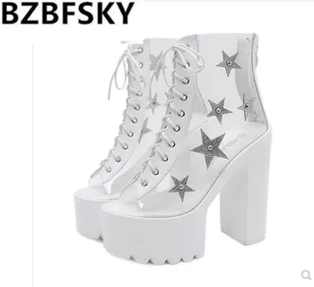 

2020 New Summer Shoes Women Transparent Peep Toe High Block Heel Sexy Sandal Shoes Boots Fashion Buckle Slingbacks Black