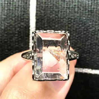 

15x12mm Top Natural Ghost Phantom Quartz Crystal Ring For Woman Lady Man Rectangle Beads Silver Adjustable Ring Jewelry AAAAA