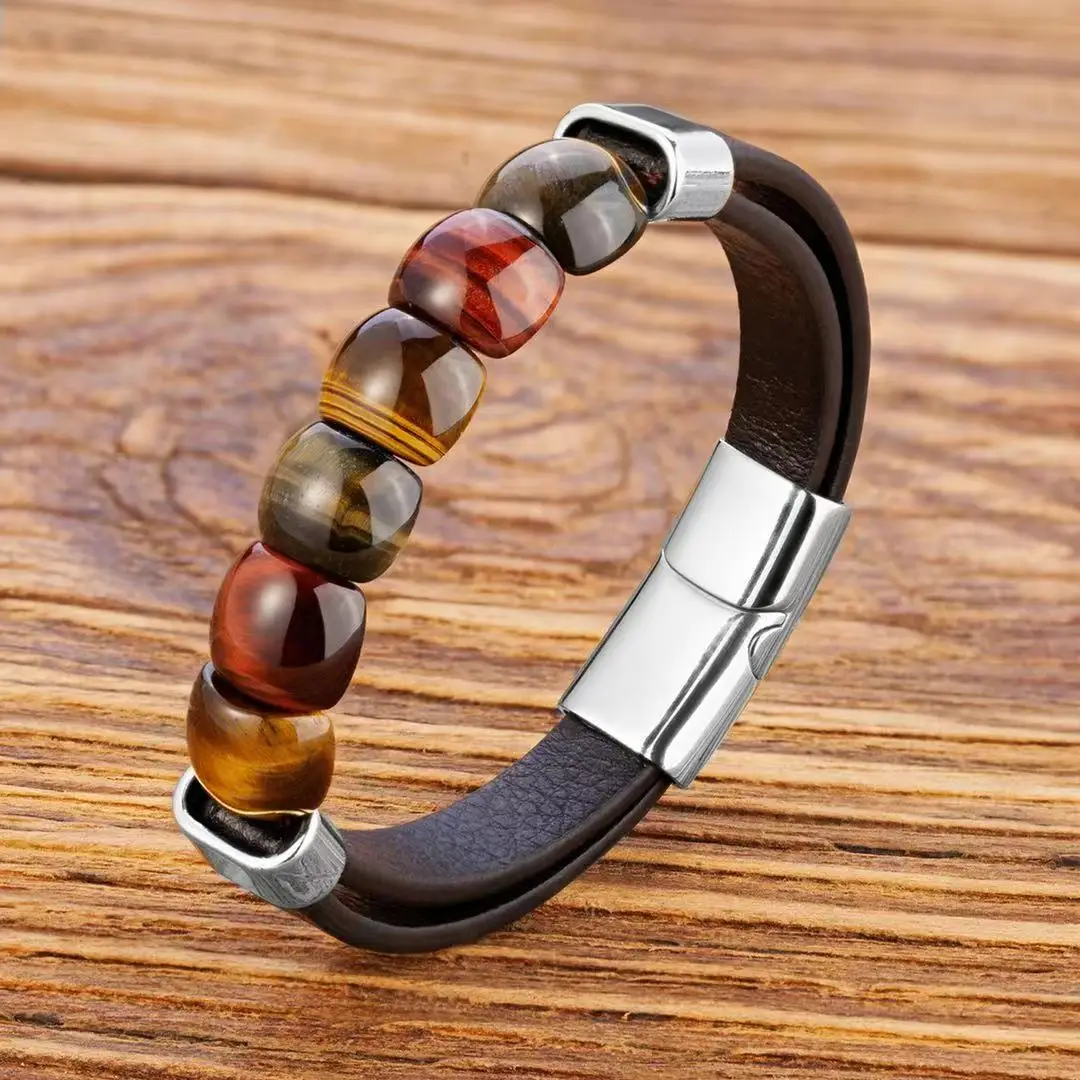 Natural Tiger's Eye Ring Face Type Male Stainless Steel Leather Cord Men's Bracelet Gift