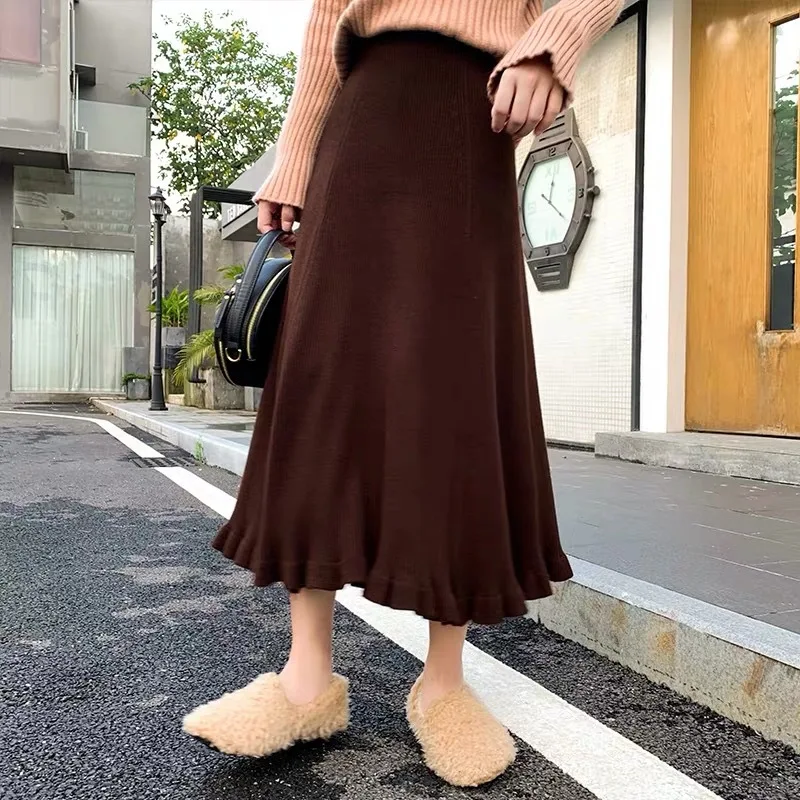 Черная, кофейная, бежевая, хаки Гибкая эластичная юбка миди с высокой талией и оборками для женщин, зимние женские юбки saias