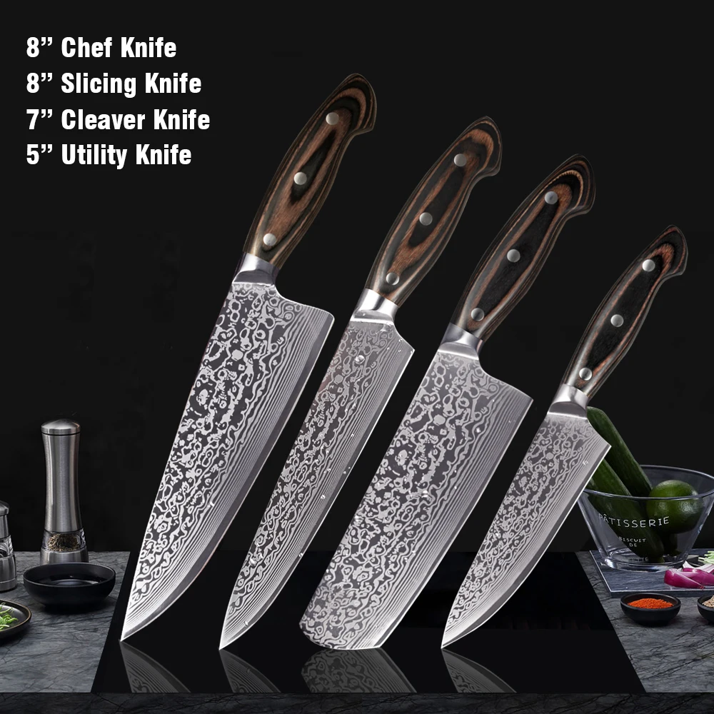 4pcs-2 FANGZUO 5 шт. набор кухонных ножей лезвия из нержавеющей стали Дамасские лазерные наборы шеф-ножей Santoku инструменты для приготовления пищи - Цвет: 4pcs-2