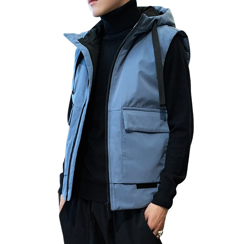 Высокое качество зимняя мужская жилетка с капюшоном приталенная жилетка мужская теплая жилетка Толстая куртка без рукавов - Цвет: Синий