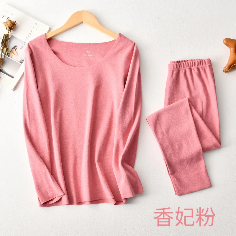 Female Pink Мужское теплое нижнее белье, костюм с круглым вырезом, зимняя одежда, брюки, тонкий шелк, мягкое эластичное женское нижнее белье, костюм, сохраняющая тепло, зимняя одежда - Цвет: Female Pink