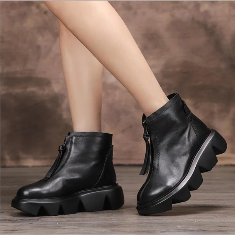 

2019 Fashion Stylish Winter boots Women Thick bottom Round Toe Genuine leather Ankle Boots Personality Zip Simple Women Shoes