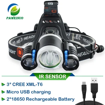 

IR SENSOR Headlamp usb led Rechargeable 3T6 18650 headlamp waterproof Head Torch high power head fishing flashlight lamp mining