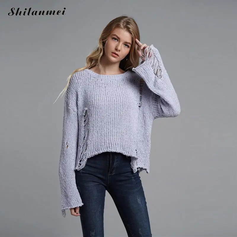 

Autumn Winter Sweater Women Oversize Hollow Long Sleeve Loose Pullover Sweaters Pull Femme Grey Solid Casual Knitted Sweater