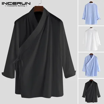 

2020 New Arrival Men Chinese Style Shirts Man Vintage Solid Color Long Sleeve Camisa Stand Collar Elegant Retro Blouse Plus Size