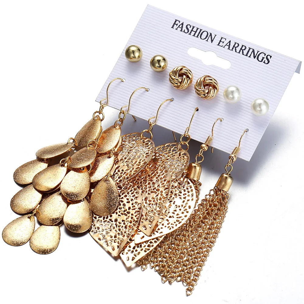 

Europe And America New Style Ear Stud 6 on Board Pearl Earings Set Hollow out Leaves Weaving Earrings