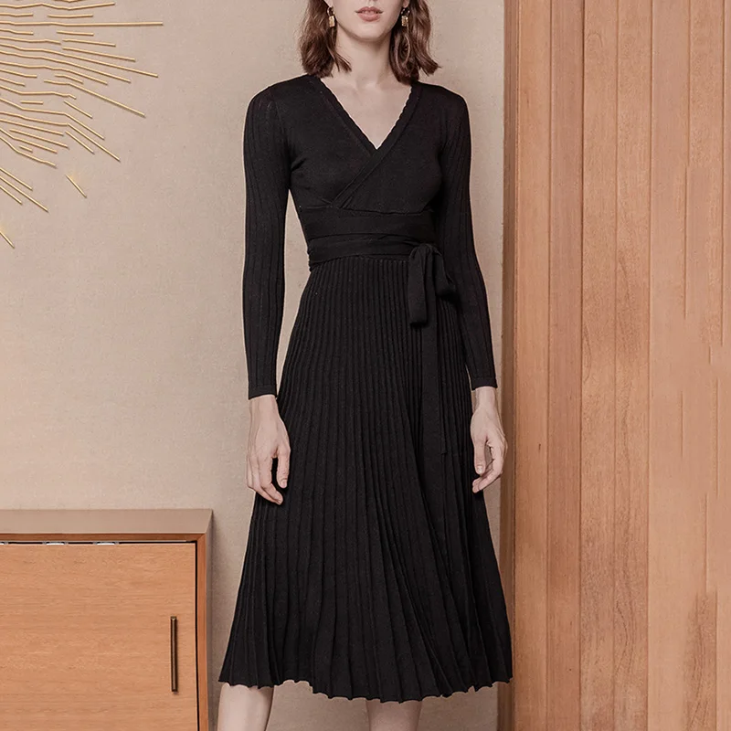 Женское плиссированное платье свитер высокого качества элегантное черное с