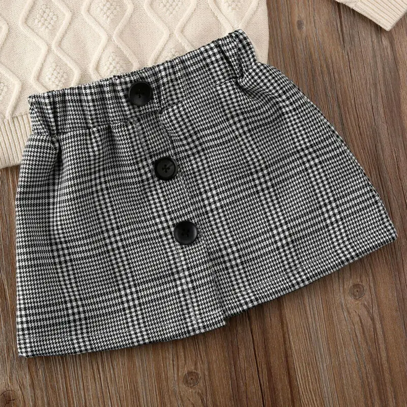 Klein2019, осенне-зимние комплекты одежды для маленьких девочек, вязаный свитер с высоким воротом, топы+ мини-юбка в клетку с принтом