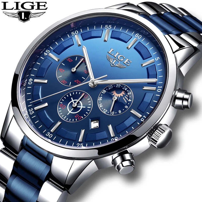 Relogio Masculino LIGE новые модные мужские часы Топ бренд класса люкс водонепроницаемые часы Серебро Сталь Большой циферблат Спортивный Хронограф