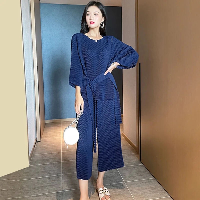 Changpleat 2021 autumn new women's professional wear suits Miyak Pleated Solid O-neck tie blouse Comfortable wide leg pants Sets blouses floral button o neck blouse in blue size l m s xl