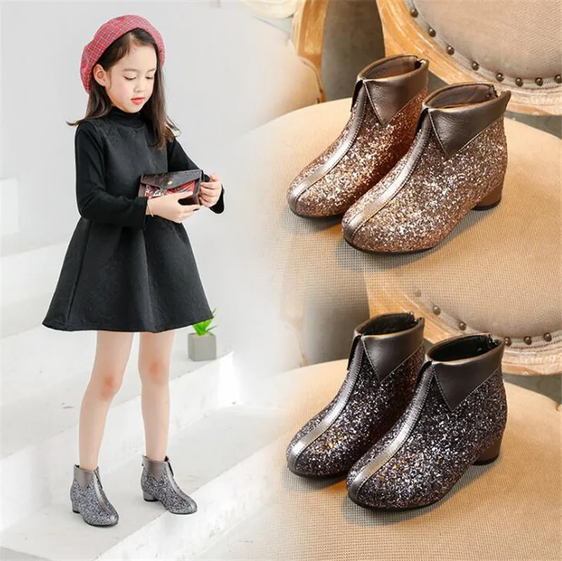 Weoneit Kids Princess Shoes Children Ankle Boots PU Leather Sequin Autumn Winter Boots New Girls High-heeled Boots CN 26-37