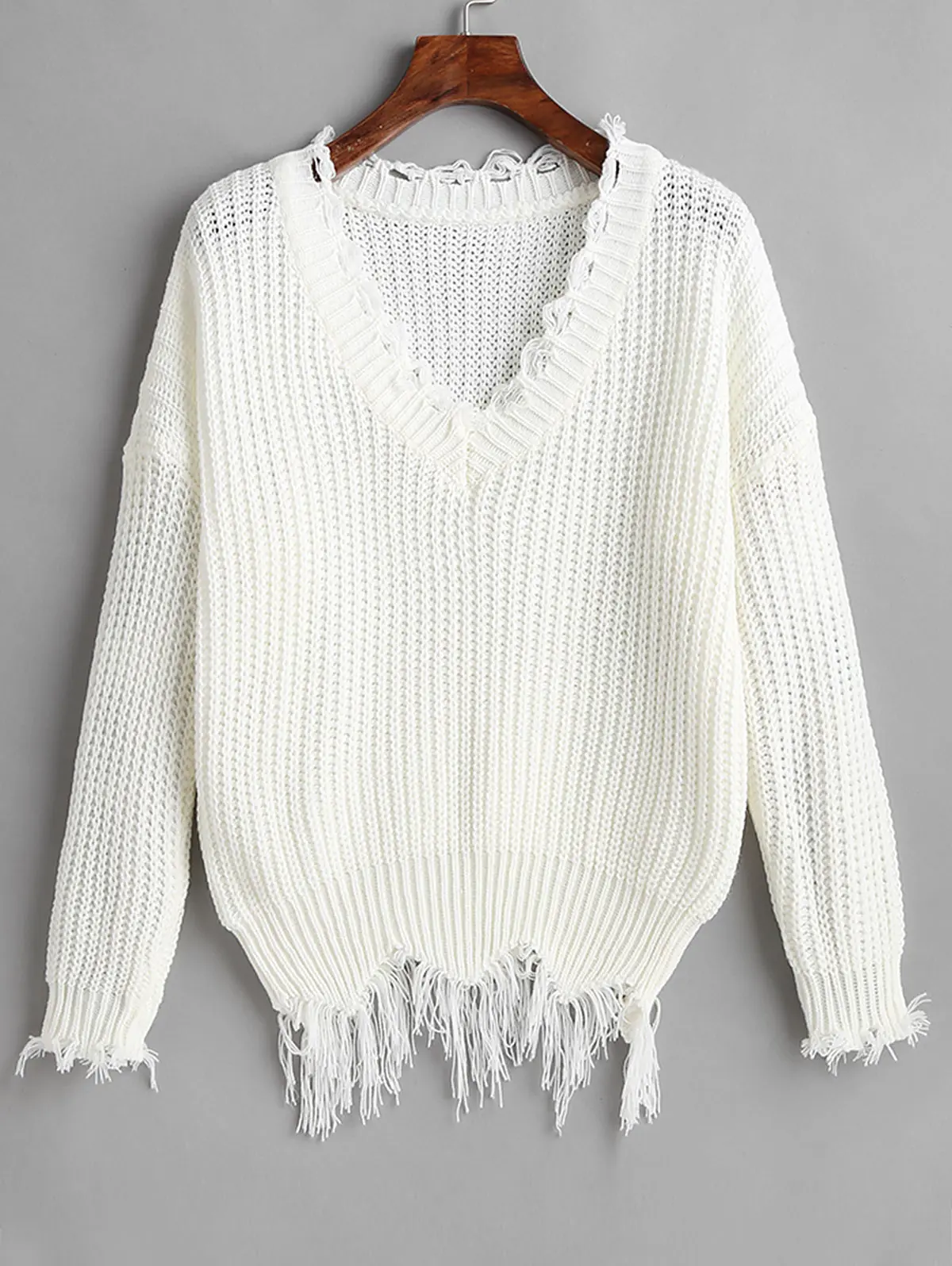 ZAFUL Drop Shoulder искусственно Состаренный свитер для женщин v-образный вырез сплошной цвет на шнуровке с рваной бахромой подол Женские топы осень весна