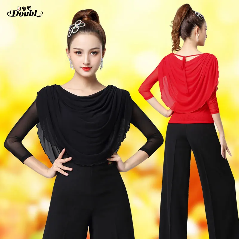 

DOUBL Modern Dance Practice Clothes Female Latin Mesh Top Red Long Sleeve Latin Dance T Shirt Square Dance Workout Clothes