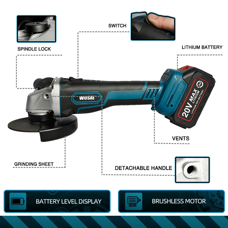 US $71.50 WOSAI MT Series M14 Brushless Angle Grinder 20V LithiumIon Battery Machine Cutting Cordless Electric Angle Grinder Power Tools