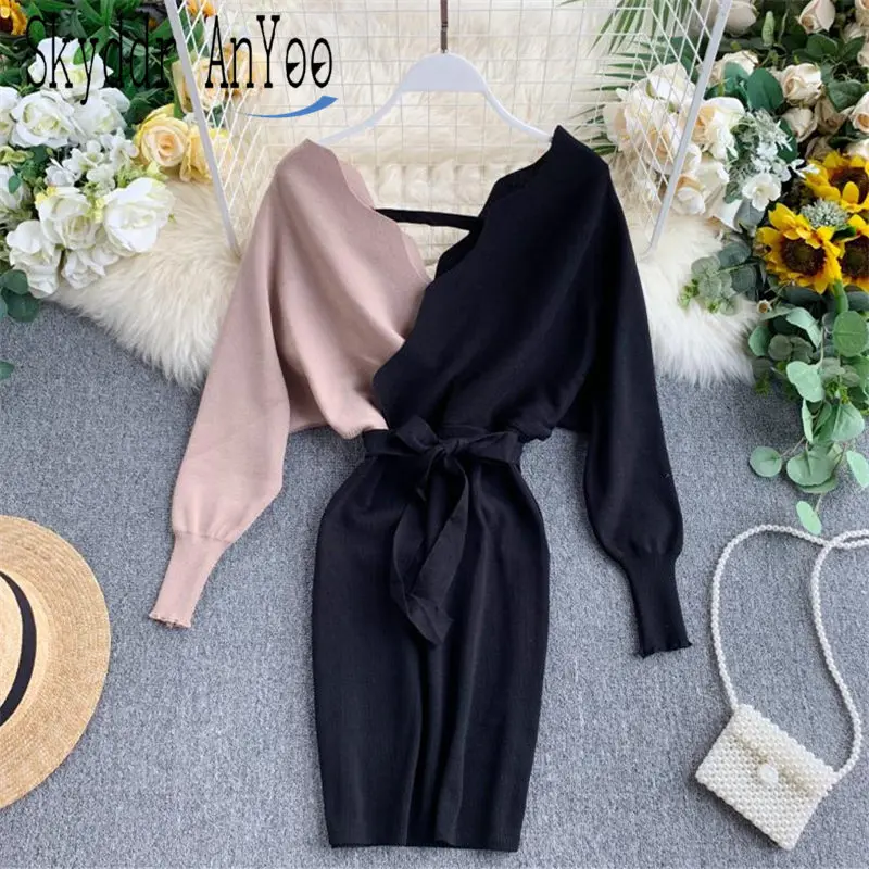 

2019 Autumn Long Sleeve Knitted Dress V-Neck Sexy Backless Bodycon Sweater Dress Above Knee Mini Ladies Short Dresses Vestidos