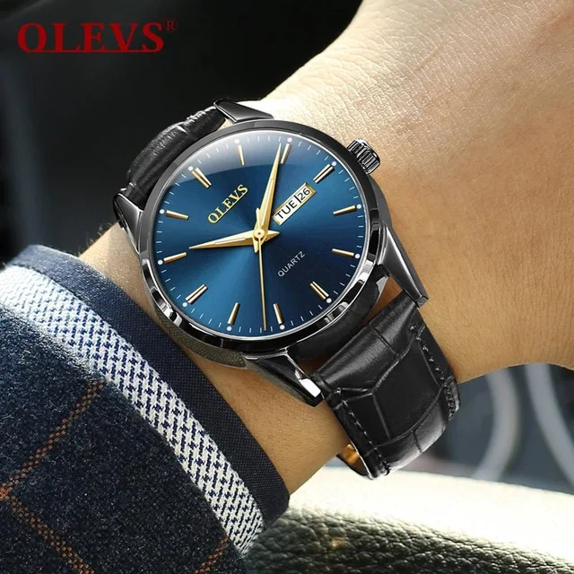 Men Black Blue OLEVS, пара часов, Роскошные, простые, день, дата, наручные часы, водонепроницаемые часы, мужские, женские, светящиеся, кожаный ремешок, кварцевые часы - Цвет: Men Black Blue