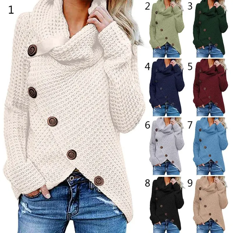 

Womens Winter Autumn Long Sleeve Pullover Tops Turtleneck Oblique Buttons Waffle Knitted Irregular Hem Loose Sweatshirt