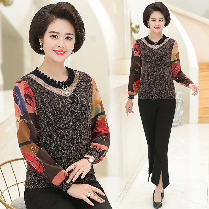 

2019 Spring And Summer Middle-aged WOMEN'S Apparels Elegant Long Sleeve Chiffon Blouse Tops Middle-aged Women Dress Large Size F